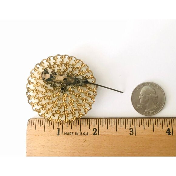 Vintage Stacked Round Mother of Pearl & Rhinestone Gold Filagree Framed Brooch - Picture 7 of 7